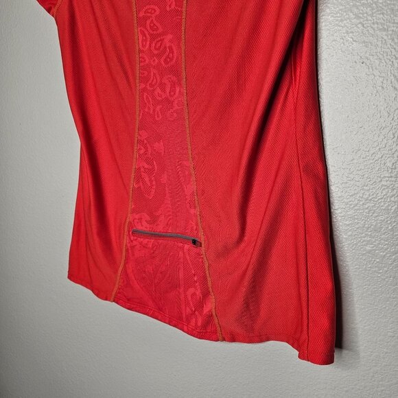 Athleta Size Medium Orange Breathable Mesh Short Sleeve Athletic Tee Zip Pocket - Picture 6 of 8